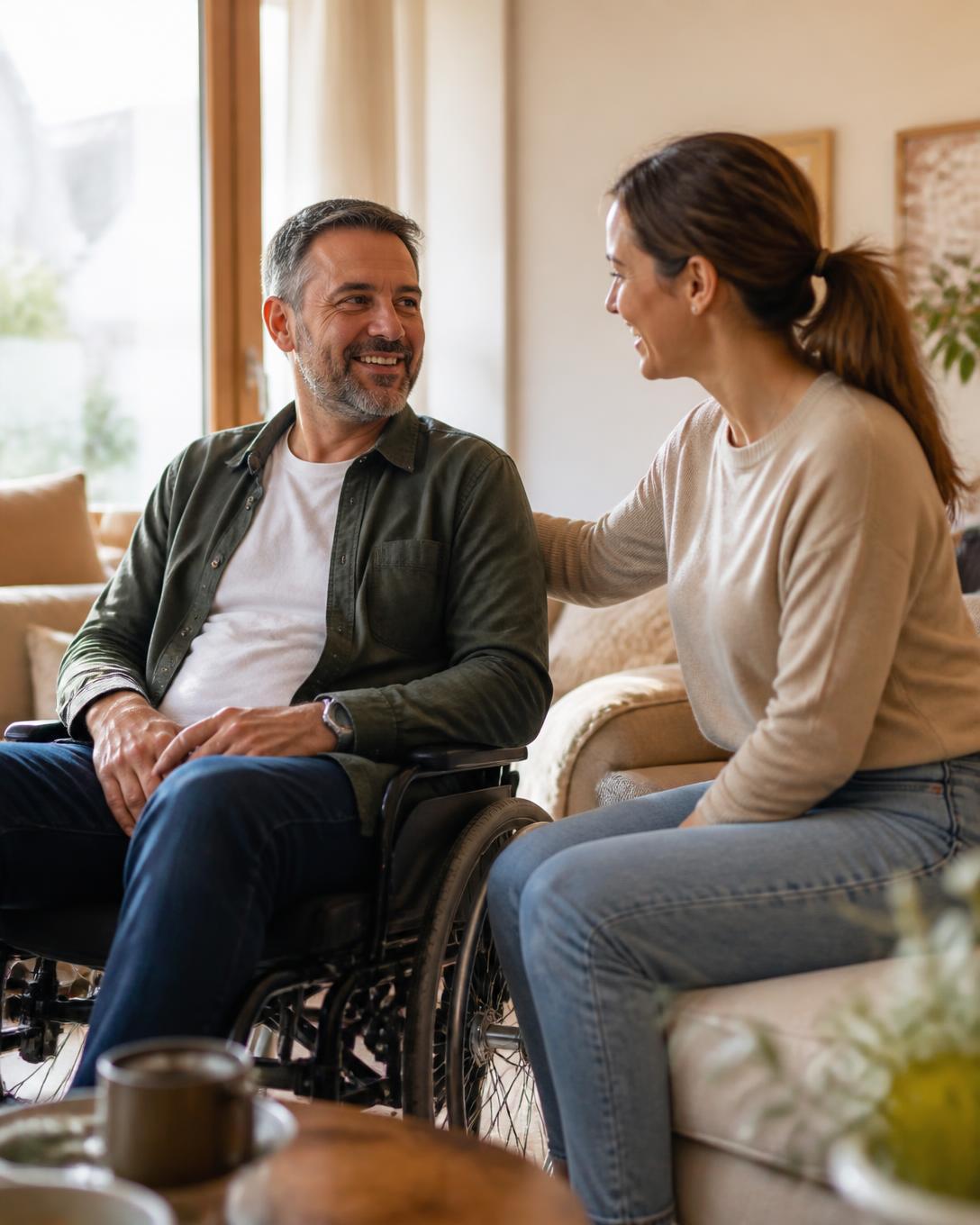 A care professional talking with a smiling adult man who uses a wheelchair in his sunlit living room