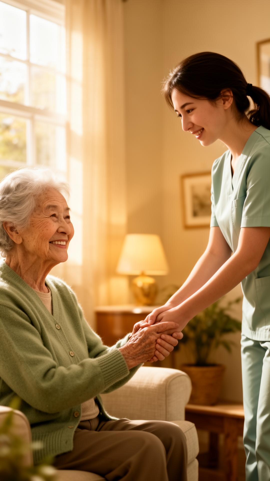A caregiver gently holding hands with a smiling elderly woman in a sunlit home